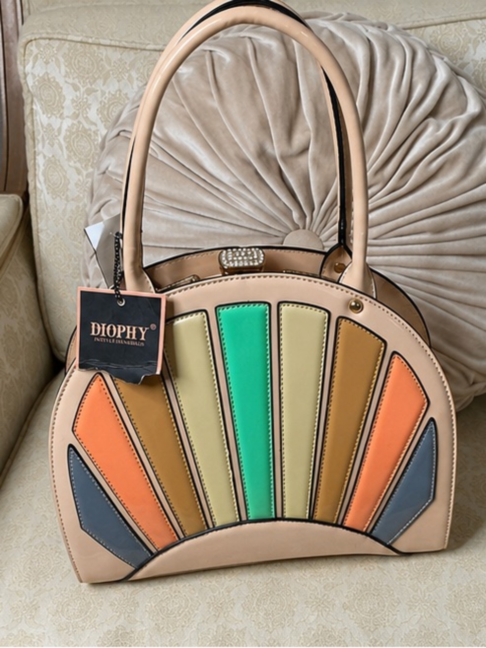 NWT Diophy Art Deco Fan Shell Satchel Handbag Vegan Leather Retro Whimsical